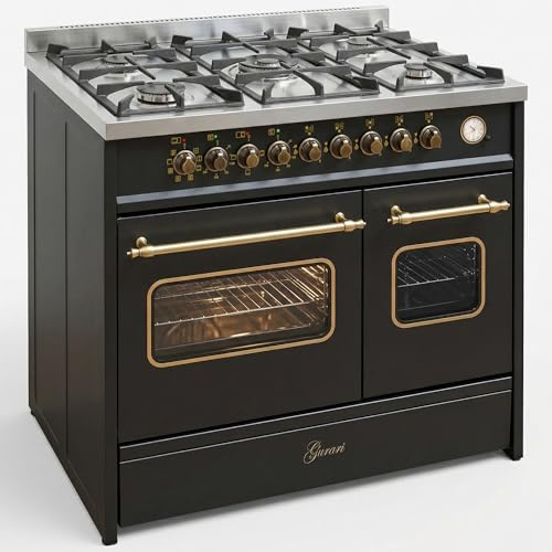 GURARI Cocina de Gas 90 cm GCH E 916 Bl R con Horno Eléctrico Doble, Estilo Retro, 5 Quemadores, 4kW Wok, 8 Funciones, Propano/Butano
