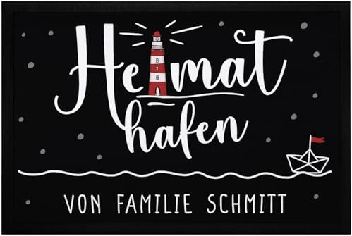 SpecialMe® Fußmatte Heimathafen mit Namen Familie personalisierbar Leuchtturm Papierschiff Boot rutschfest & waschbar Schwarz 60x40cm