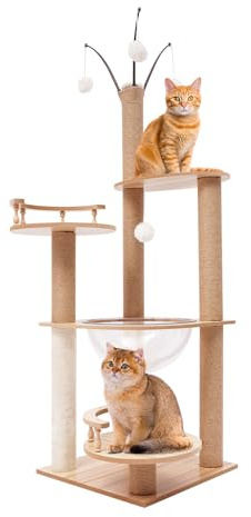 LOYEMAADE Griffoir pour chats, 132 cm, arbre d'escalade avec colonne griffoir et chat avec capsule transparente et boules de jeu