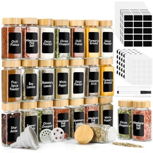 Lannvan Barattoli per spezie rettangolari, [24 x 120 ml] con inserto per spargimento, barattoli per spezie con coperchio in bambù, contenitori per spezie con 310 etichette per spezie, autoadesivi e