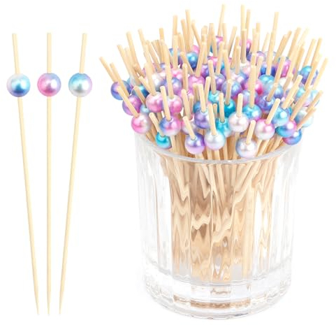 100pcs Cocktailspieße Bambus Spieße Holzspieße Fingerfood Zubehör Farbige Perlen Mit Farbverlauf Cocktail Party Dekorationen Für Bar Getränke Früchte Desserts Partyzubehör Obstspieß