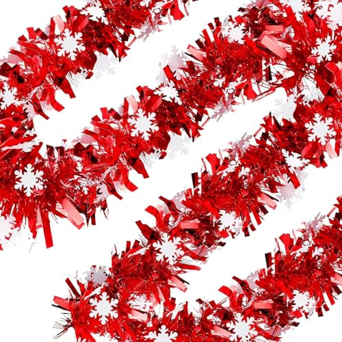 SULOLI 10M Guirlande de Noel Sapin ，Guirlandes Tinsel Noël，Guirlande Artificielle Noël pour Mariage Anniversaire Fête Escalier Cheminée Murs Fenêtres Sapin Decoration Noel (Rouge Blanc)