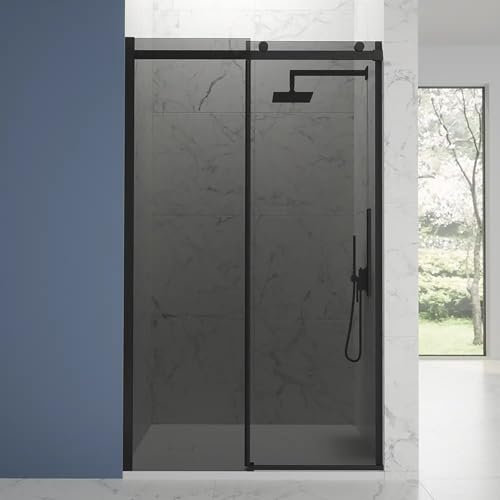 Box Doccia Porta Nicchia 150cm Apertura Scorrevole Vetro Temperato Fumè 8mm Anticalcare Installazione Reversibile Profili In Alluminio Nero Opaco Altezza 195cm Mod. Creta