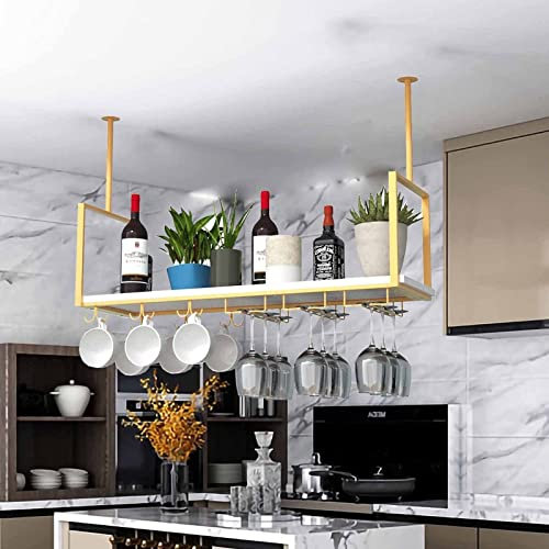 Generico Portabottiglie sospeso, portabicchieri da Vino sospeso al soffitto - Mensola da soffitto - Portabottiglie sospeso in Ferro battuto, portaoggetti in Legno massello Vintage Loft, portabicchier