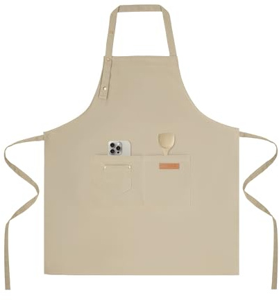 Tosewever Art Aprons for Women Painting Pottery Baking, Mens Buckle Straps Kitchen Apron with Pockets for Chef Cooking (Beige)