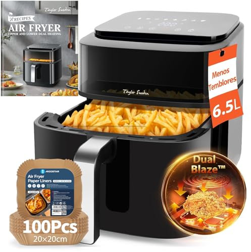 Taylor Swoden Freidora Aire 6,5 Litros Dual Blaze™ Air Fryer 1800W con Ventana, EvenlyCook, 8 Programas, Panel Táctil, Interior Metálico, Apta para Lavavajillas, Con Papel Freidora Aire 100 Unidades
