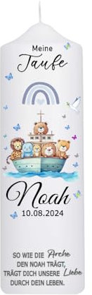 Taufkerze Mädchen oder für Jungen mit Taufspruch, Arche Noah 25 cm x 8 cm, personalisierte Kerze, bedruckte Kerze zur Taufe, Stumpenkerze zur Taufe, Taufgeschenk,Patenkerze,Schmetteling