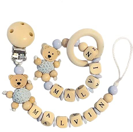 2er Set personalisierte Kette mit Namen für für Mädchen oder Junge Baby Geschenk personalisiert zur Geburt & Taufe Große Farbauswahl (Blau Bär)