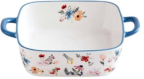 Fuente for lasaña grande y profunda, bonita fuente individual for lasaña con asa, fuentes rectangulares de porcelana for horno, fuentes de cerámica for horno(Blue)