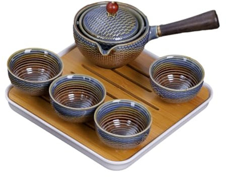 LIGIGWASH Juego De Tetera Giratoria y Taza De Té Portátil De Cerámica Estilo Kung Fu, Juego De Té De Viaje Compacto, Diseño Automático Para Exteriores y Hogar, Set De 1 Tetera y 4 Tazas Azul Esmaltado