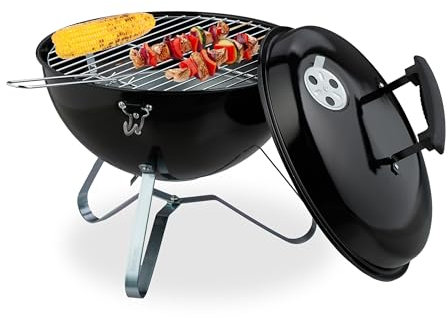 Relaxdays Barbecue a Carbonella Portatile, Ø 37 cm, Grill a Carbone con Coperchio, Esterno, Giardino e Campeggio, Nero, Acciaio, Nylon