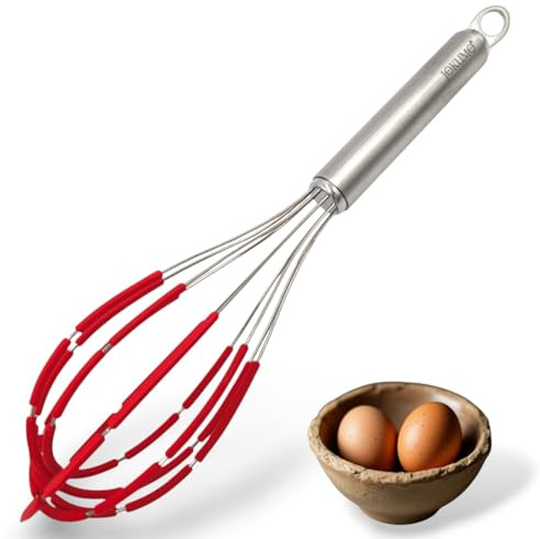 JOKUMO Balloon Silicone Egg Whisk with Spatula Scraper Wires, 18/10 Stainless Steel, Non-Stick Pan Safe, Ergonomic Tube Handle Perfect for Blending, Whisking, Beating and Stirring, 11 inch (Red)