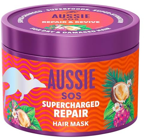 Aussie SOS Maschera Ristrutturante Supercharged Repair 500ml per Capelli Secchi e Danneggiati, Ripara e Protegge, Donando Capelli Morbidi, Lisci e Idratati per 100 Ore, Formula Vegana