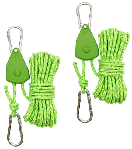 2Pcs Reflective Tent Guy Ropes,4m Tent Camping Cord with Pulley,4mm Cord Ratchet Rope Adjustable Heavy Duty Rope Hanger for Plant Grow Room Awning Outdoor Camping Gazebo Hiking Picnics (Green, 4)
