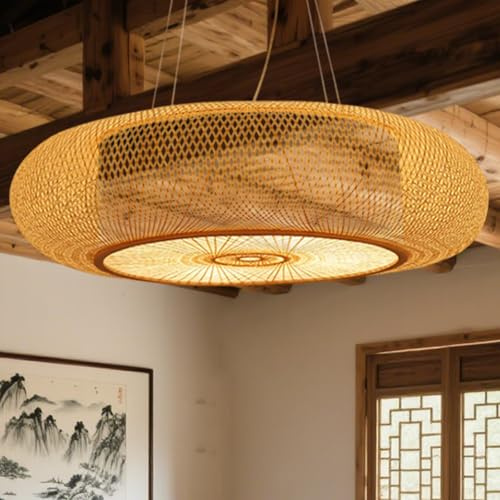 Jatwefiv Lampadario da bambù retrò Lampada da Sospensione E27 Lampadari Intrecciato Naturale Pantalla de Bamboo per Sala da Pranzo Camera da Letto Ristorante Sala da tè Cafe,50cm