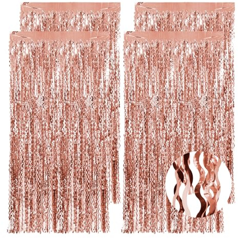 4 Stück Lametta Vorhang Rosegold, S Form Glitzer Vorhang Geburtstag, Folien Fransen Glitzervorhang, Luftschlangen Party Vorhang für Party Deko Hochzeit Hintergund Fotowand Bühnendekor (1 m x 2 m)