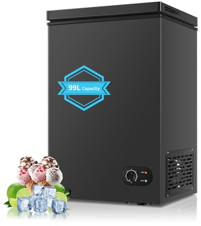 Freestanding Chest Freezer 99 Litre Capacity, Adjustable Feet & 7- Level Temperature Controls, Ideal for Kitchens, Outbuildings & Garages, 4 Star Freezer Rating, New Black
