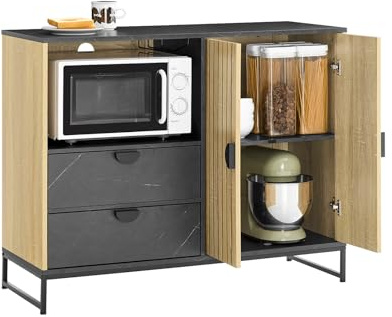 SoBuy Meuble de Rangement, Meuble Cuisine Buffet Salle à Manger avec Niche Micro-Ondes Ø6 cm & Porte-Verres Armoire à étagère réglable, Pieds métal Hauts vaisselier, chêne/Noir, 107×40×85 cm FSB103-N