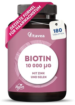 Biotin 10.000 mcg mit Selen & Zink - Tabletten - Haarwuchs, Haut & Nägel | Hochdosiert mit Vitamin B8 - Vegan, Laborgeprüft, ohne unerwünschte Zusätze - 180 Tabletten - Vitavea