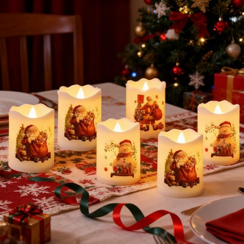 Dewppxi 6 Stück Flammenlose LED Weihnachtskerzen mit Weihnachtsmann Muster, Weihnachtsdeko Innen LED Kerzen, Weihnachtsdeko LED Teelichter Batteriebetrieben für Weihnachten Dekoration, Tischdeko