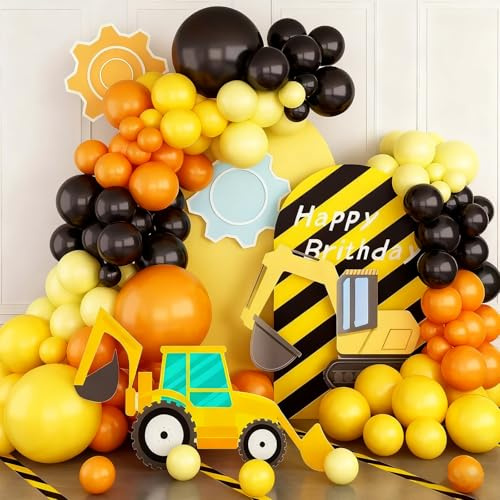 Fesnova Bagger Geburtstag Ballon Girlande Set, Schwarz,Orange Farbe und Gelb für Bauarbeiter Party Dekoration,Baustellen deko kindergeburtstag,bagger geburtstag deko,92 Stück