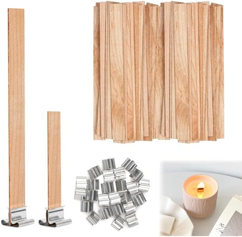 60 Tabletten Holzdochte für Kerzen +60 Eisenständer, holzdocht Kerze Langlebig/geruchlos, für Kerzen Knisterkerze Docht Holz Kerzen Zubehör für Sojawachs Bienenwachs Herbst Duftkerzen Machen
