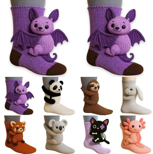 Generico Calzini Donna Invernali Con 3D Animale, Calze Caldi Pelosi Morbido Calzino Strick Termici Natalizi Regalo per le Signore, Soffici Pile di Corallo Pantofola Calzettoni Caldi