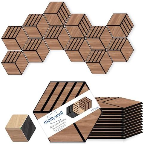Mollywell Hexagon Acoustic Wall Panels, 35x30 cm, Wood Veneer, Sound Proofing Wall Decor, Self Adhesive Sound Dampening Felt Wall Tiles for Home, Studio, Office & Focus Zone, Walnut, S4