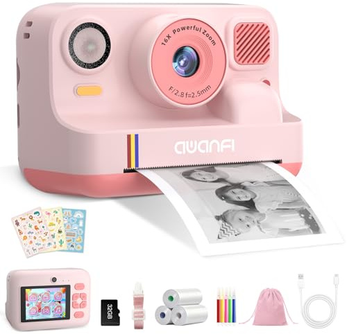 AWANFI Kinderkamera Sofortbildkamera, 2,4 Zoll Sofortbildkamera Kinder mit 32GB Karte & 3 Rollen Druckpapier, 1080P Digitalkamera Kinder Sofortdruck, Geschenk für Jungen und Mädchen 3-12 Jahren