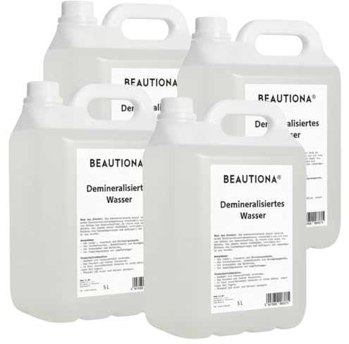 BEAUTIONA Demineralisiertes Wasser 4×5 L – Destilliertes & VE-Wasser gemäß VDE 0510 – Chemisch rein, kalkfrei – Für Auto, Kühler, Bügeleisen, Luftbefeuchter & Aquarium