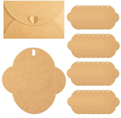 WYAN Vintage Kraftpapier Umschläge mit Herzverschluss, Braune Umschläge, Umschlag ohne Klebstoff für Geschenke, Grußkarten, Dankeskarten, DIY, Hochzeitskarten, 30 Stück(17.3 x 10.7cm)