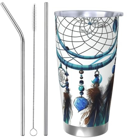 PAQOLSMCKR Bicchiere in acciaio inossidabile con coperchio, 590 ml, bicchiere isolato in stile nativo americano, acchiappasogni, tazza da caffè riutilizzabile per auto, tazza a doppia parete isolata