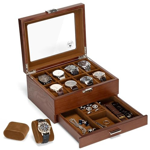 Slege Caja de Relojes de Madera,con 8 Compartimentos de 2 Niveles,Caja para Reloj Hombre,Estuche Relojero Organizador con 1 Cajón,Cubierta de Vidrio,Organizador para Hombres y Mujeres Regalo,Watch Box