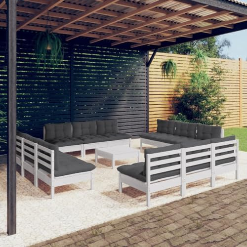 Mokuyary 13-TLG. Trädgårdsloungeset med antracitfärgade kuddar i furu, trädgårdsmöbelset, utomhus balkongset, terrassmöbler, trädgårdslounge sittgrupp för terrass, balkong, trädgård – A