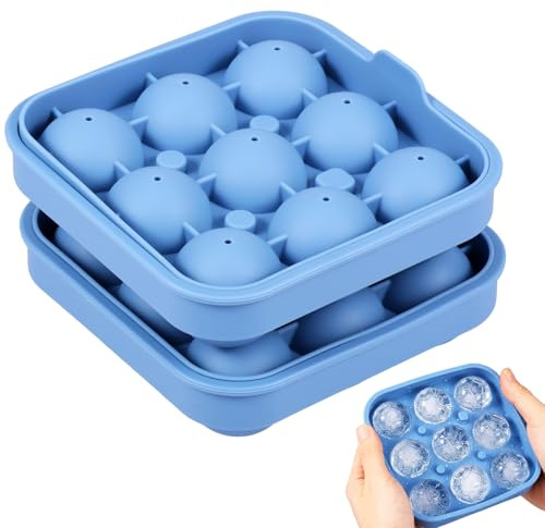 2 Pack Silicone Ice Ball Maker Mould with Lid,Large Reusable Round Soccer Shape Ice Cube Moulds for Whiskey Cocktails Drinks,Easy to Fill & Release(Blue-9 grids)