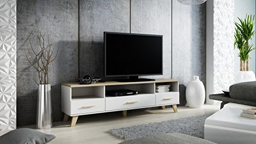 Tv Schrank Lotta, Wohnzimmerschrank, Schrank, Fernsehenschrank, Lowboard, Unterschrank mit 3 Schubkästen, Skandinavisch, Briliant Weiß