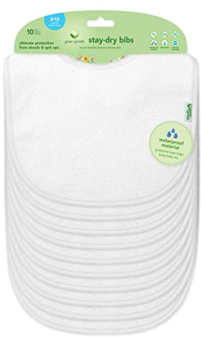 green sprouts Stay-dry Baby Bibs (10 pack) Waterproof protection, Adjustable hook-&-loop closure, Machine washable , White