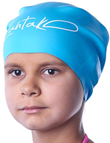 Gorro de Natación para Pelo Largo Infantil - Gorro de Baño para Niñas, Niños y Adolescentes con Rastas o Pelo Largo y Rizado - Gorro de Piscina de Silicona Hipoalergénica Impermeable (Aqua Blue S)