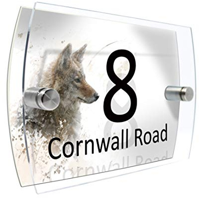Colourbat Watercolour Animals Personalised Modern House number Sign Name and Number Street Wall Plaque (Coyote)