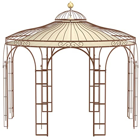 ELEO Pavillon Florenz rostoptik mit Sonnensegel und Dekorkugel - rund 4x4 m Rankpavillon für den Garten handgeschmiedet Schmiedeeisen - Rosenpavillon Metall stabil rost Edelrost - Sonnenschutz Dach