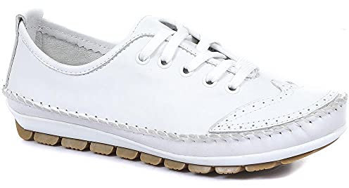 Pavers Women's Lace-Up Trainers in White with Brogue Detailing - Lightweight & Flexible Sole Shoes - Wide Fit Ladies Footwear - Size UK 6 / EU 39