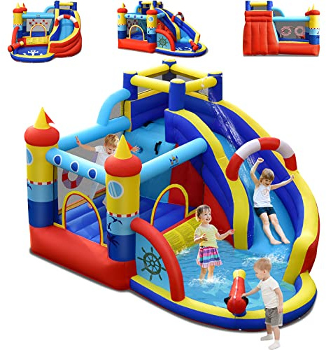 COSTWAY 5 en 1 Château Gonflable sur Thème Pirate avec Toboggan & Mur d'escalade, Aire de Jeux Gonflable avec Maison de Saut & Pistolet à Eau, Charge 90kg pour 3 Enfants de 3-10 Ans, 360x290x200cm
