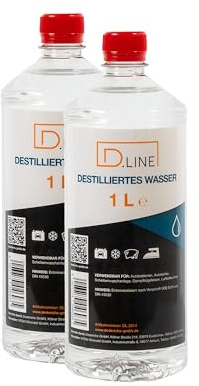 D.LINE Destilliertes Wasser 1 Liter, Entmineralisiert nach Vorschrift VDE 0510 und DIN 43530 (2x 1 Liter)