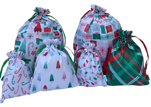 Tyg presentpåse jul dragsko påsar 6 st återanvändbara tyg presentinslagning julklappar väska förvaring hem bröllopsfest leksaker hantverk tillbehör (godis käpp gåvor)