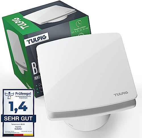 Tulpig Badlüfter | für 100 mm Rohre mit Feuchtigkeitssensor & Nachlaufzeit | Leiser Abluftventilator mit [105 m³/h]¹ Abluftleistung | Wand- & Deckenmontage, Geräuscharm (34dB)