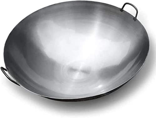 Wok aus Gusseisen mit 2 Griffen, Woks und Bratpfannen – Chinesischer gehämmerter Wok mit rundem Boden Pow Wok – traditioneller chinesischer japanischer Wok 2023,80 cm/31,5 Zoll
