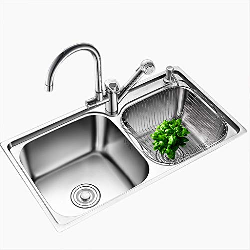Accesorios de baño Cocina Fregadero doble Fregadero de plato de acero inoxidable Lavabo Limpieza de frutas Piscina Baño Lavabo Vajilla Fregadero de limpieza Lavabo Tazón doble (Color : Silver, Size :