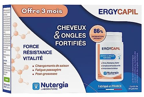 Nutergia – Cheveux et ongles fortifiés – Force – Résistance – Vitalité – Complément alimentaire – Etui de 3 pots de 90 Gélules – Fabrication Française