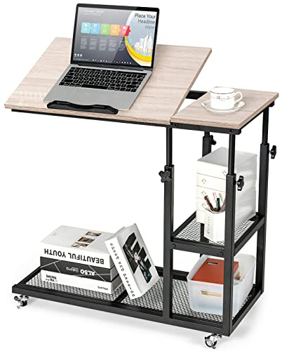 COSTWAY Pflegetisch höhenverstellbar mit Rollen, Betttisch mit kippbarer Tischplatte, Kantenschutz und Ablage, Krankentisch, Beistelltisch für Wohnzimmer, Schlafzimmer, 80 x 40 cm (Natur)