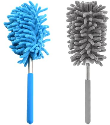 Plumero de 2 piezas, herramienta de polvo de microfibra, cepillo retráctil para limpiar mantas, telarañas, etc.